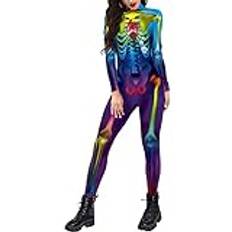 Aivtalk unisex halloween overaller läskigt 3D-tryck bodysuit cool skelett kostym stretchig smal overall, skelett – 2 storlek L