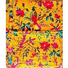 Sophia Art Indiska bohemiska sängkläder kanthabroderi vintage etnisk bomull fågel kantha lapptäcke sängöverkast lappteknik filt Queen-size, kanthatäcke (gul 1)