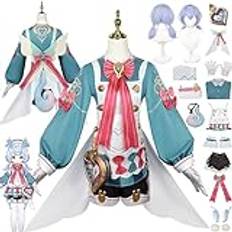 Genshin Impact Cosplay Kostym Outfit Girls, Game Characters Sigewinne Uniform Full Set Women maskerader Halloween Dress Up Kostym med hatt svans peruk.,Blue,XXL