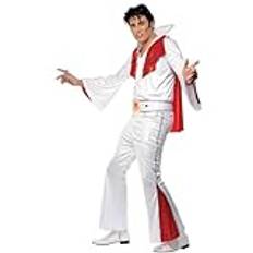 Smiffys Elvis kostym, vit och röd med skjorta, byxor, cape och bälte, officiellt licensierad Elvis Presley maskeradklänning, utklädnad för vuxna