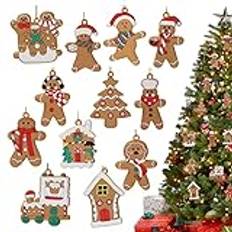 HORLIMER 12 st pepparkaksgubbe julgransdekorationer, statyett hängande ornament set med strängar, ingefära man hängande berlocker för julgran gör-det-själv festdekoration, 7 cm hög