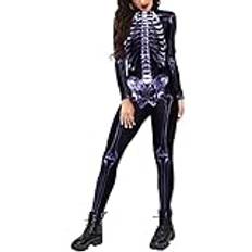 Aivtalk unisex halloween overaller läskigt 3D-tryck bodysuit cool skelett kostym stretchig smal overall, skelett – 3 storlek XL