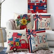 Set Of 4 America The Beautiful Let Freedom Ring Pillow Covers, 17.7 Inches * 17.7 Inches Patriotic Independence Day Memorial Day Sofa Cushion Covers,