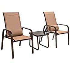 GOPLUS 3-delat bistro-set, rostbeständigt soffbord i härdat glas med justerbart vikbart ryggstöd och avtagbart nackstöd, stapelbara stolar för innergården utomhus (brun)