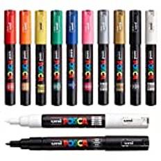 Uni POSCA PC-1M 12 professionella markörer för målning med extra svart + vit penna