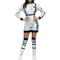 Astronaut kostym kvinnor män rymden rymdcyklist kostym glänsande karneval kostym metallisk långärmad jumpsuit spaceman cosplay par rymd kostym rollspel utklädnad karnevalkostymer