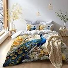 Blue Peacock sängkläder enkelt påslakanset – gyllene blomma vändbart mönstrat påslakan och 1 örngott 50 x 75 cm, mjukt och andningsbart mikrofiberbäddset, 2 delar set med dragkedja