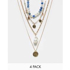 ASOS DESIGN – Halsband med fuskpärlor och blå halvädelstenar, 4-pack-Flera - No Size