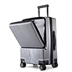 Handbagage, 50 cm (20 tum) lätt PC resväska med USB-laddningsport, snurrvagn för bagage med främre laptopficka, TSA-lås, resväska för män och kvinnor, Grått, Zipper section-20in
