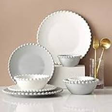 Dinnerware Set,Dinner Plate Ceramics Dinner Sets, 22 Pieces Creativity Pearl Edge Porcelain Dinnerware Set | Steak Plate and Cereal Bowl