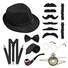 FEYLIE 1920-tals man gangster kostym tillbehör, 1920-tals manlig gangster kostym tillbehör set hängslen topp hatt fluga mustascher fickur festtillbehör
