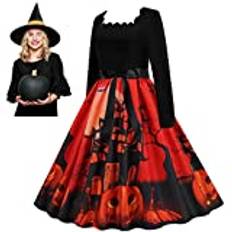 Halloween festklänning för kvinnor | Halloween Klänning Höst Klänning Kostym,Retro Casual Printing Pumpa Party Kostym Lång