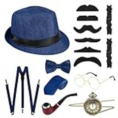 FEYLIE 1920-tals man gangster kostym tillbehör, 1920-tals manlig gangster kostym tillbehör set hängslen topp hatt fluga mustascher fickur festtillbehör