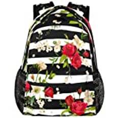 Ros lilja blomma svart rand ryggsäck skola bokväska laptop ryggsäck vattentät vardaglig resa dagväska för kvinnor män tonåringar, Rose Lily Flower Black Stripe, 11.4(L)×6.9(W)×16(H)inch, Ryggsäckar för dagsutflykt
