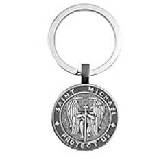 CQHODFYA St Michael nyckelring, Saint Michael Erkeängel nyckelring av rostfritt stål för män kvinnor, nyckelhållare silver med nyckelring presentförpackning, flerfärgad, S