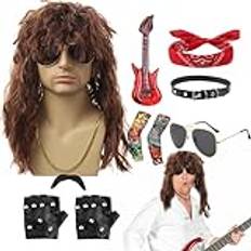 Deno Rocker kostymset, 80-tal rocker kostymer för män | 10ST Halloween Rocker Kostym,Punkpartydräkttillbehör, inkluderar peruk pannband Krage Solglasögon Handskar Ärmar Skägg Gitarr rekvisita