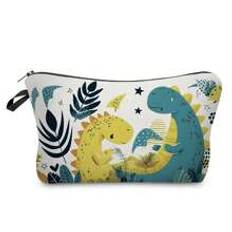 Cute Cartoon Dinosaur Printed Cosmetic Bag For Women, Reusable Toiletry Bag With Animal And Green Leaf Pattern, Portable Clutch Bag For Coin And Party