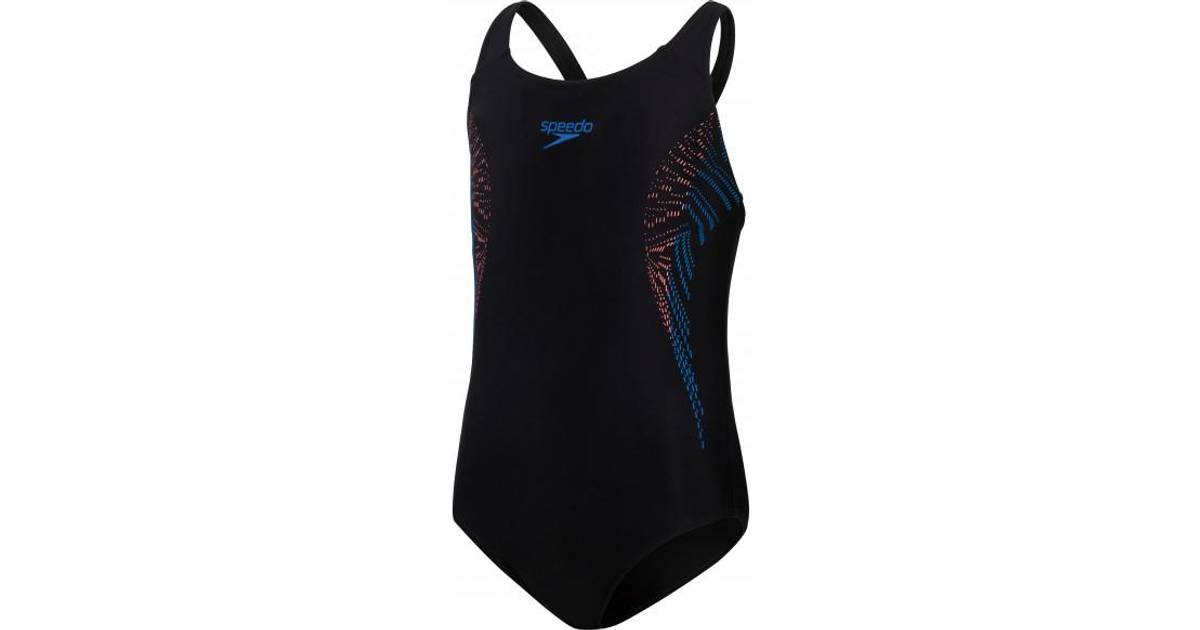 Speedo Girls Plastisol Placement Muscleback Swimsuit Black Siren Red