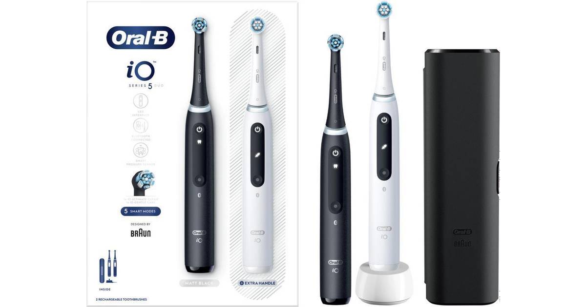 Oral-B iO 5 DUO Elektrisk tandborste 2 utbyteshuvuden med reseförpackning  Black & White • Pris »