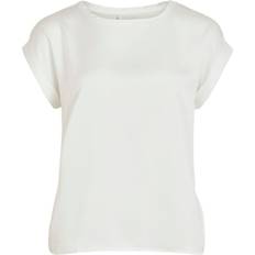 Dam - Elastan/Lycra/Spandex - Vita T-shirts Vila Satin Look Short Sleeved Top - White/Snow White
