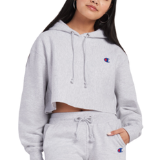 Champion C Logo Reverse Weave Cropped Cut-Off Hoodie - Silver Grey