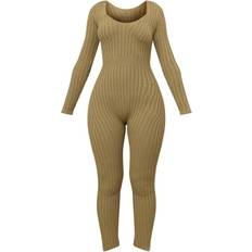 PrettyLittleThing Long Sleeve Knitted Jumpsuit - Olive