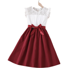 Shein Girl's Contrast Lace Panel Belted Dress - Red/White