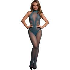 High neck fishnet and lace bodystocking, blue Queen Size