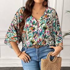 Shein Plus Allover Print Batwing Sleeve Blouse