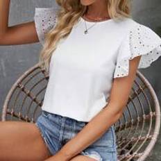 Volanger T-shirts Shein Eyelet Embroidery Butterfly Sleeve Tee