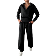 Shein Half Zip Drop Shoulder Sweatshirt & Drawstring Waist Pants - Black