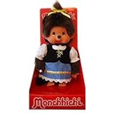 Monchhichi Sekiguchi 242047 – Original bayersk flicka, mjuk leksak med traditionell klänning och fläta med rosett, ca 20 cm stort gosedjur av brun plysch