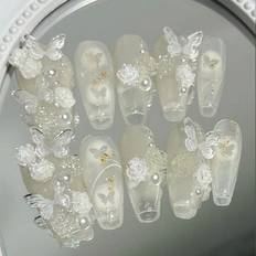 Shein 10pcs/pack Glass Coffin-shape False Nails With Aurora Butterfly/white Camellia/pearl With Gold Flak