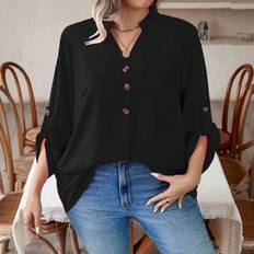 Shein Plus Roll Tab Sleeve Half Button Blouse