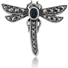 Blå Broscher Gemondo Art Nouveau Style Oval Marcasite & Sapphire Dragonfly Brooch in 925 Sterling Silver
