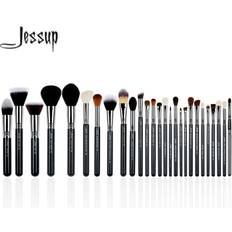 Jessup 27 st professionella sminkborstar för foundation, läppstift, ögonskugga, handgjord hårfiberblandning – svart/silver T133