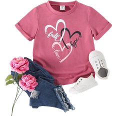 Shein Kids CHARMNG Girls' Heart Shaped Letter Printed Short Sleeve T-Shirt