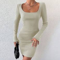 Shein Enfärgade - Vita Klänningar Shein Women'S Solid Color Long Sleeve Dress