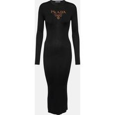 Prada Dam Klänningar Prada Logo ribbed-knit silk midi dress black