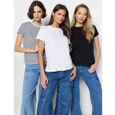 Trendyol Collection Women's 3-pack 100% bomull rund krage basic stickad t-shirt, flerfärgad