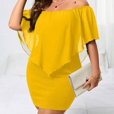 Shein Enfärgade - Gula Klänningar Shein Plus Solid Color Off Shoulder Ruffle Overlay Bodycon Dress