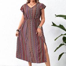Shein Blommiga - L - Midiklänningar Shein Plus Women's Striped & Floral Print High Split Hem Flare Sleeve Maxi Dress