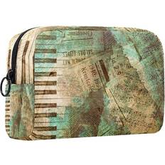 NigelMu Vintage Newspaper Music Note Travel Cosmetic Bag - Green