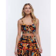 River Island T-shirts & Linnen River Island Womens Black Floral Front Knot Crop Top