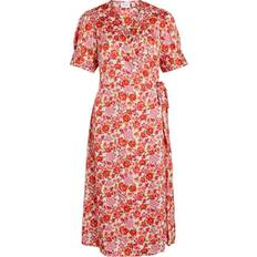 Blommiga - Dam - Omlottklänningar Vila Naria S/S Wrap Midi Dress - Orange