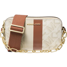 Beige - Kortfack Axelremsväskor Michael Kors Jet Set Small Empire Signature Logo Stripe Double Zip Camera Bag - Vanilla/Luggage