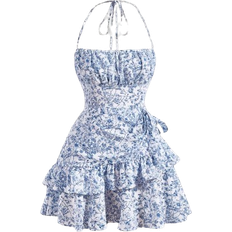 14 - Blommiga - Korta klänningar Shein Mod Floral Print Ruffle Trim Tie Backless Ruched Bust Layered Halter Summer Short Dress