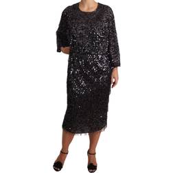 Dolce & Gabbana Sequined Long Sleeve Shift Midi Dress - Black