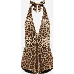 Dolce & Gabbana ONE-PIECE SWIMSUIT WITH PLUNGING NECKLINE AND LEOPARD PRINT