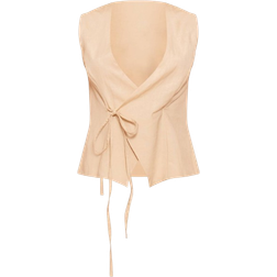 PrettyLittleThing Linen Wrap Tie Front Waist Coat - Stone